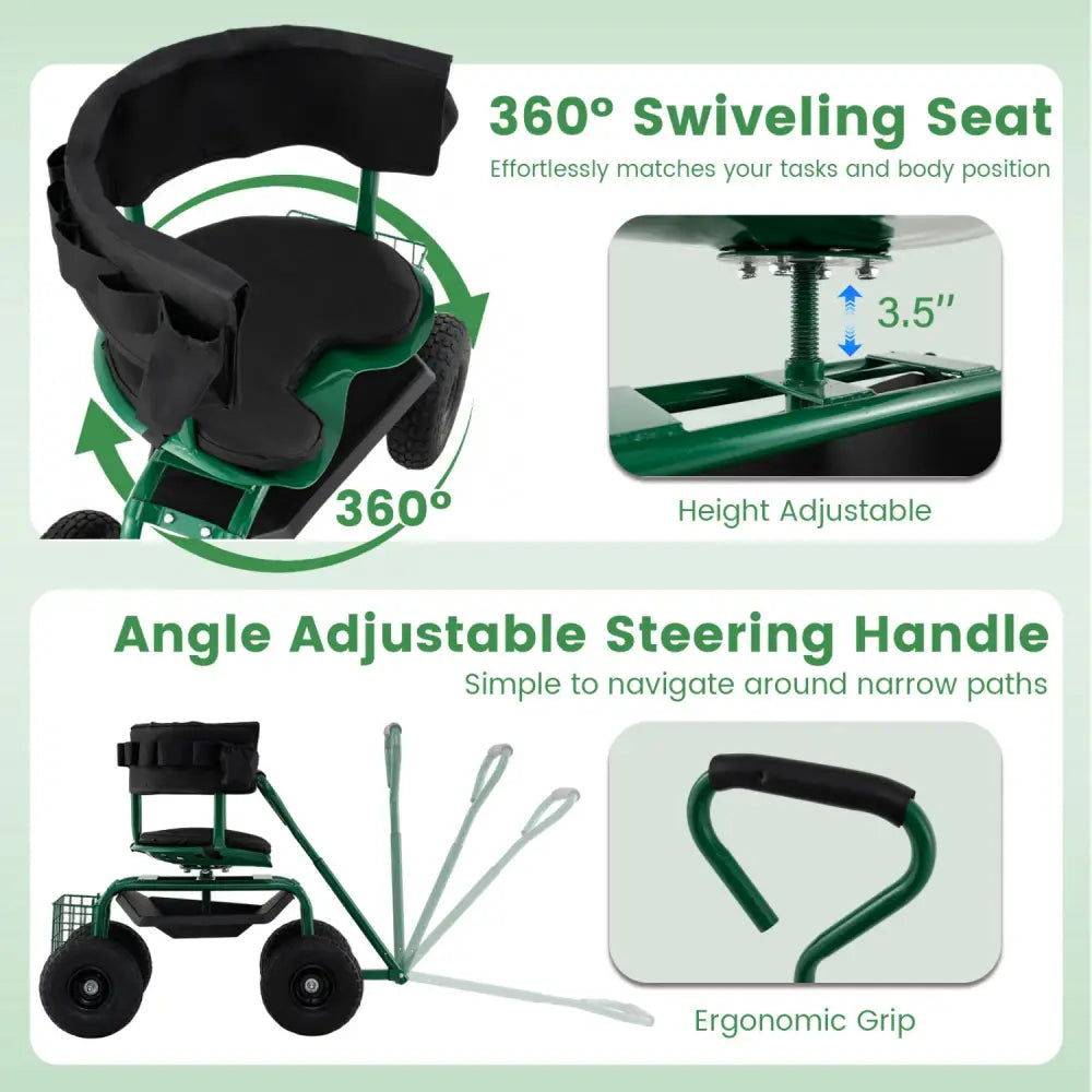 Cushioned Rolling Garden Cart Scooter with Storage Basket and Tool Pouch-Green - Green - Garden Carts