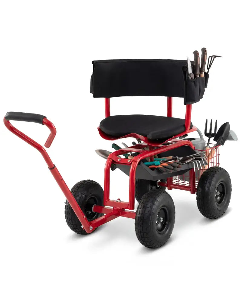 Cushioned Rolling Garden Cart Scooter with Storage Basket and Tool Pouch-Black & Red - Black & Red - Garden Carts