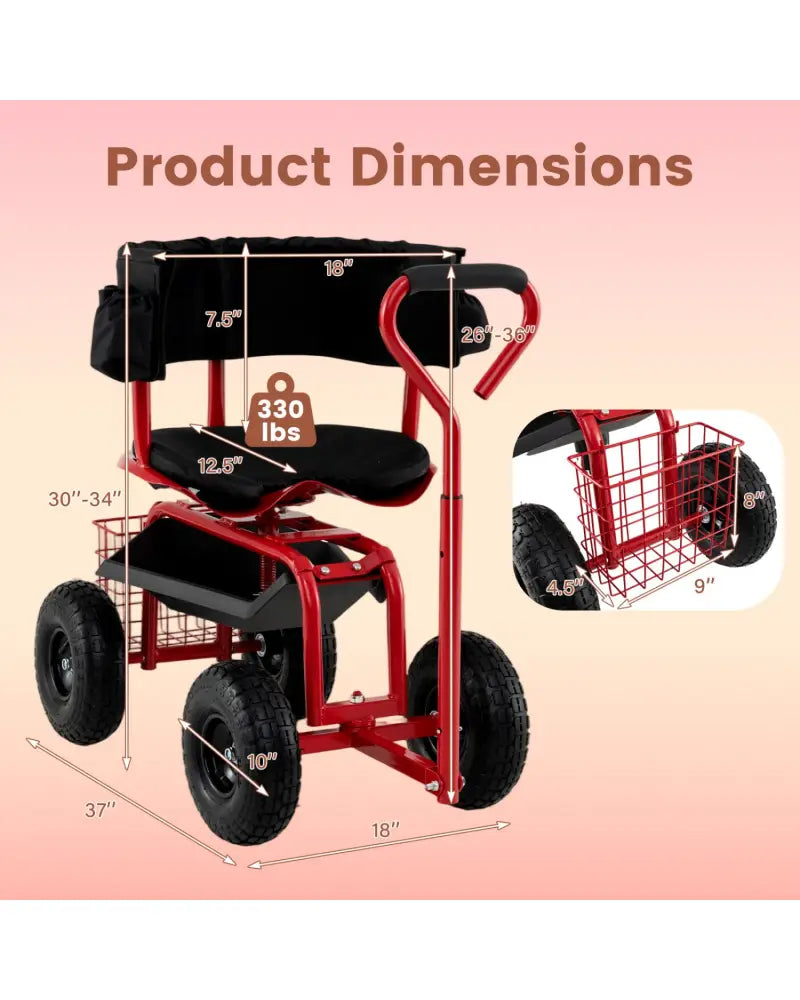 Cushioned Rolling Garden Cart Scooter with Storage Basket and Tool Pouch-Black & Red - Black & Red - Garden Carts