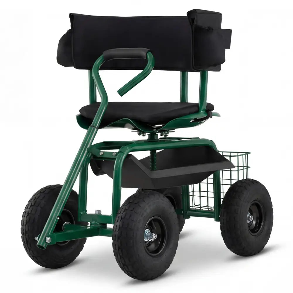 Cushioned Rolling Garden Cart Scooter with Storage Basket and Tool Pouch-Green - Green - Garden Carts