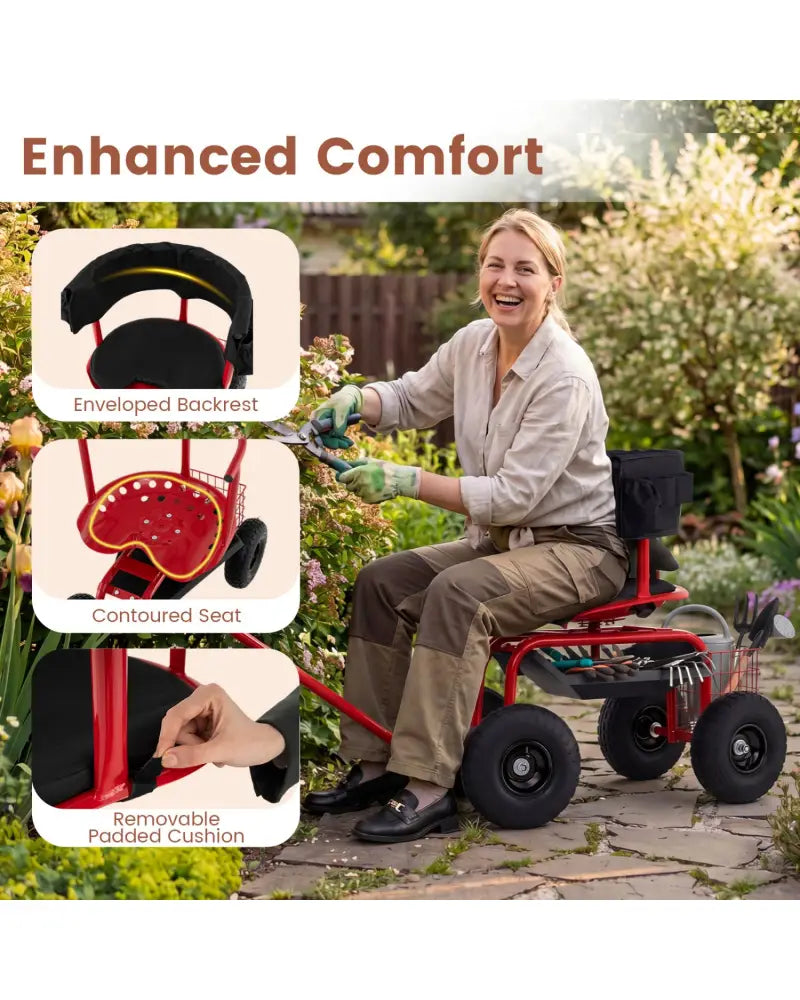 Cushioned Rolling Garden Cart Scooter with Storage Basket and Tool Pouch-Black & Red - Black & Red - Garden Carts