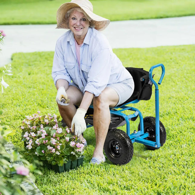 Cushioned Rolling Garden Cart Scooter with Storage Basket and Tool Pouch-Blue - Blue - Garden Carts