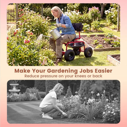 Cushioned Rolling Garden Cart Scooter with Storage Basket and Tool Pouch-Black & Red - Black & Red - Garden Carts