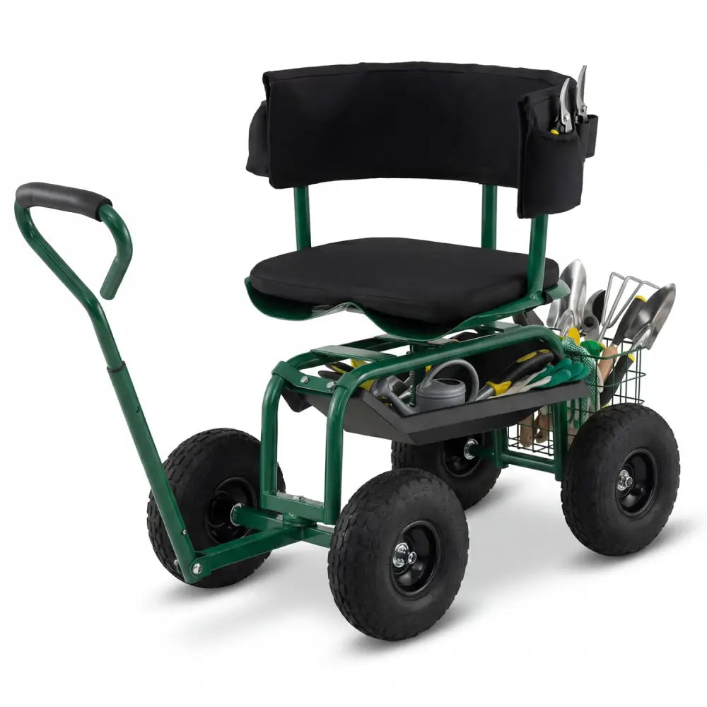Cushioned Rolling Garden Cart Scooter with Storage Basket and Tool Pouch-Green - Green - Garden Carts