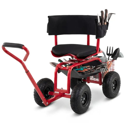 Cushioned Rolling Garden Cart Scooter with Storage Basket and Tool Pouch-Black & Red - Black & Red - Garden Carts