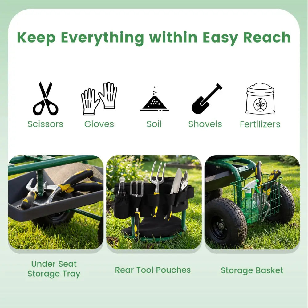 Cushioned Rolling Garden Cart Scooter with Storage Basket and Tool Pouch-Green - Green - Garden Carts