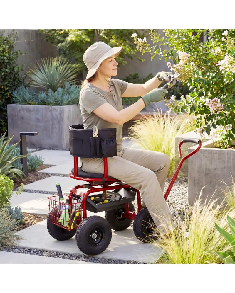 Cushioned Rolling Garden Cart Scooter with Storage Basket and Tool Pouch-Black & Red - Black & Red - Garden Carts