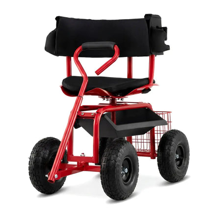 Cushioned Rolling Garden Cart Scooter with Storage Basket and Tool Pouch-Black & Red - Black & Red - Garden Carts