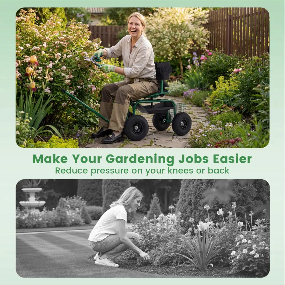 Cushioned Rolling Garden Cart Scooter with Storage Basket and Tool Pouch-Green - Green - Garden Carts