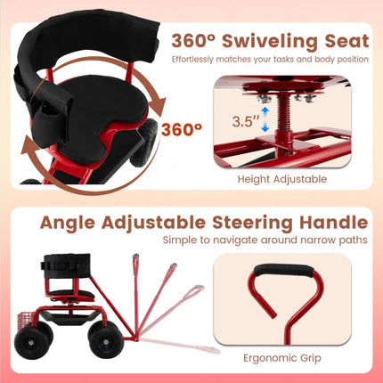 Cushioned Rolling Garden Cart Scooter with Storage Basket and Tool Pouch-Black & Red - Black & Red - Garden Carts