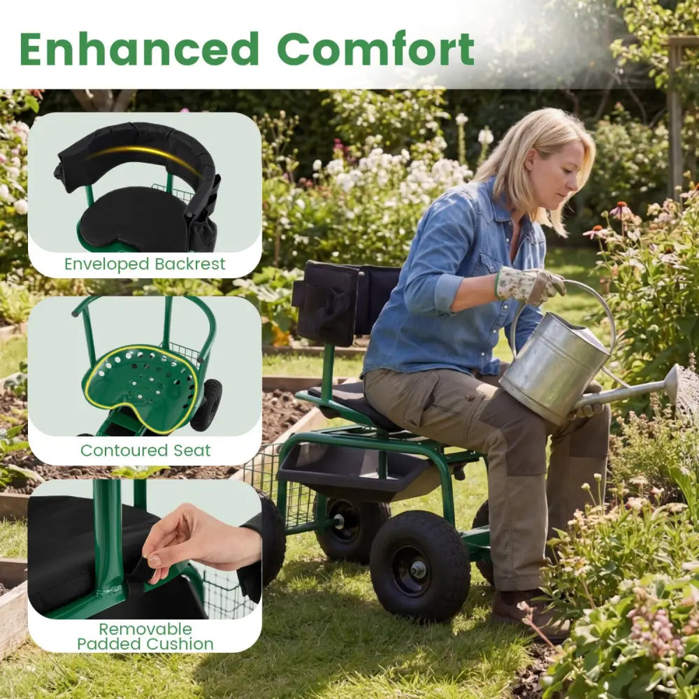 Cushioned Rolling Garden Cart Scooter with Storage Basket and Tool Pouch-Green - Green - Garden Carts