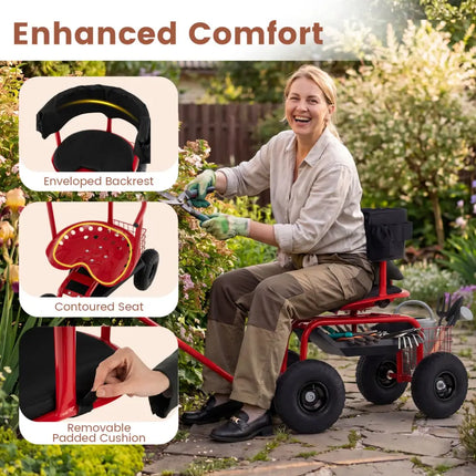 Cushioned Rolling Garden Cart Scooter with Storage Basket and Tool Pouch-Black & Red - Black & Red - Garden Carts
