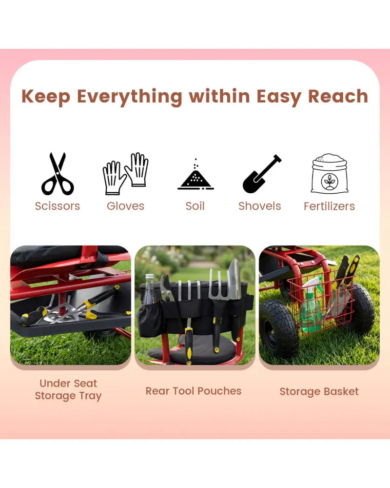 Cushioned Rolling Garden Cart Scooter with Storage Basket and Tool Pouch-Black & Red - Black & Red - Garden Carts