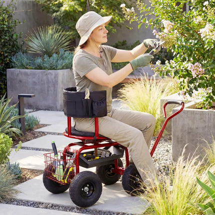 Cushioned Rolling Garden Cart Scooter with Storage Basket and Tool Pouch-Black & Red - Black & Red - Garden Carts
