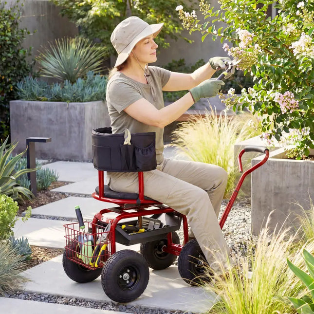Cushioned Rolling Garden Cart Scooter with Storage Basket and Tool Pouch-Black & Red - Black & Red - Garden Carts