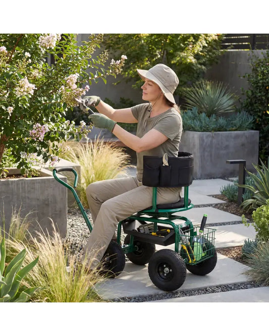 Cushioned Rolling Garden Cart Scooter with Storage Basket and Tool Pouch-Green - Green - Garden Carts
