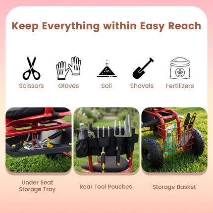 Cushioned Rolling Garden Cart Scooter with Storage Basket and Tool Pouch-Black & Red - Black & Red - Garden Carts