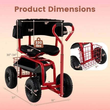 Cushioned Rolling Garden Cart Scooter with Storage Basket and Tool Pouch-Black & Red - Black & Red - Garden Carts