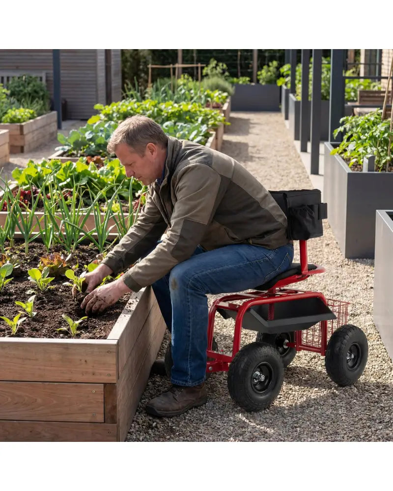 Cushioned Rolling Garden Cart Scooter with Storage Basket and Tool Pouch-Black & Red - Black & Red - Garden Carts