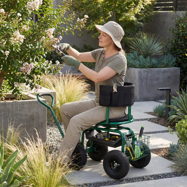Cushioned Rolling Garden Cart Scooter with Storage Basket and Tool Pouch-Green - Green - Garden Carts