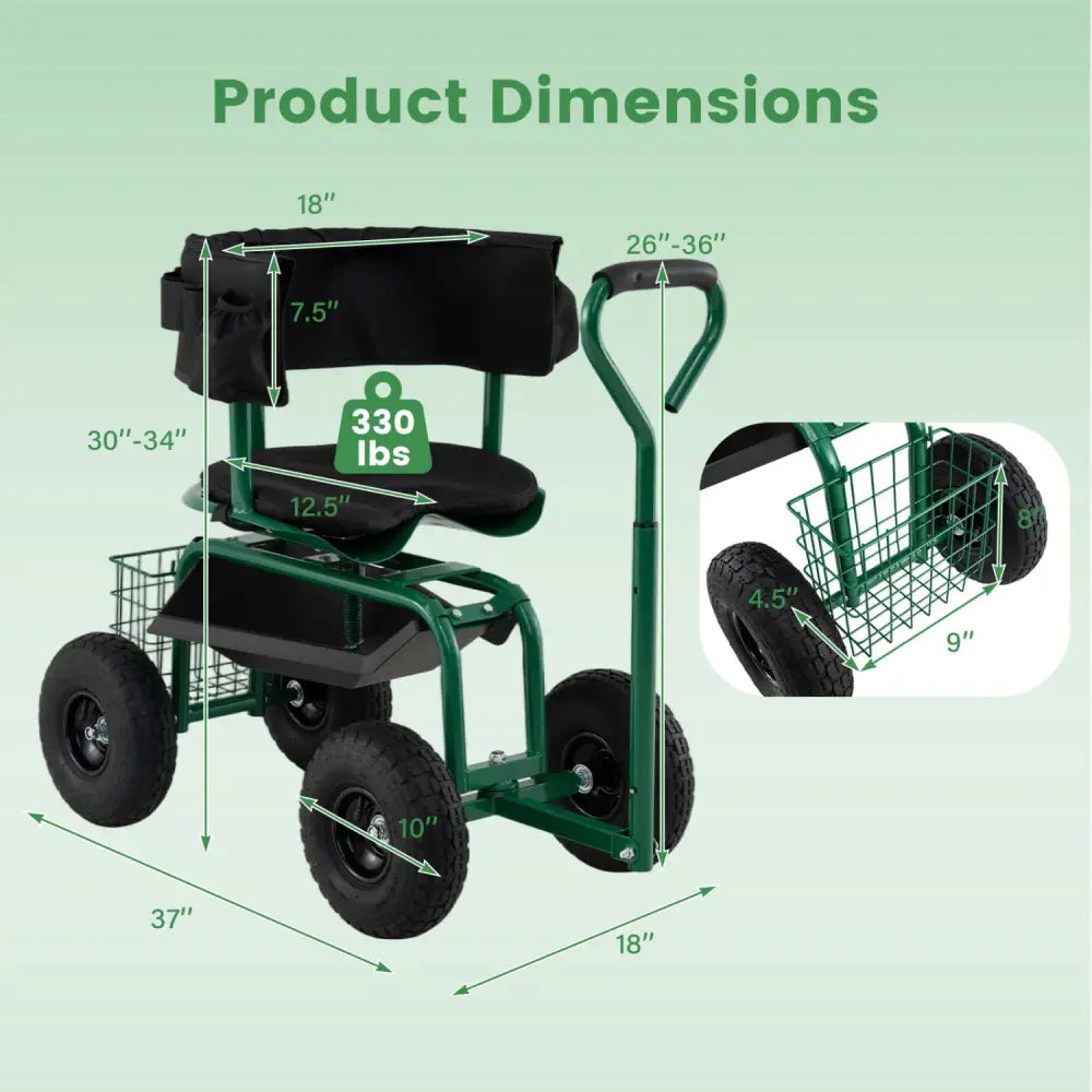 Cushioned Rolling Garden Cart Scooter with Storage Basket and Tool Pouch-Green - Green - Garden Carts