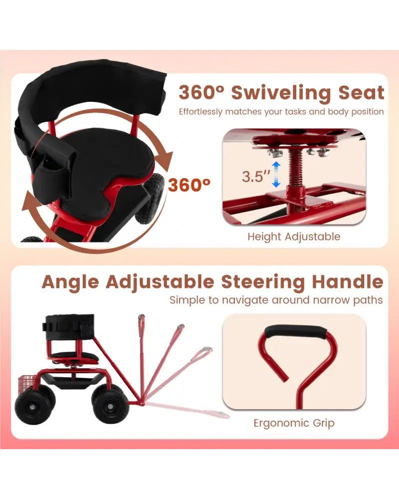 Cushioned Rolling Garden Cart Scooter with Storage Basket and Tool Pouch-Black & Red - Black & Red - Garden Carts