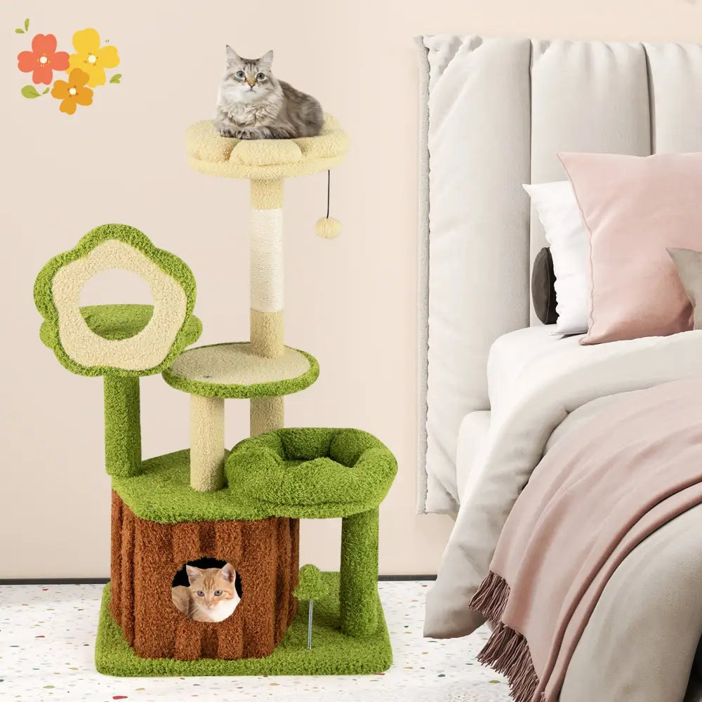 Cute Cat Tree for Adult Cats Multi-level Kitty Tower with Trunk Condo-Green - Green - Cat Trees Condos & Scratchers