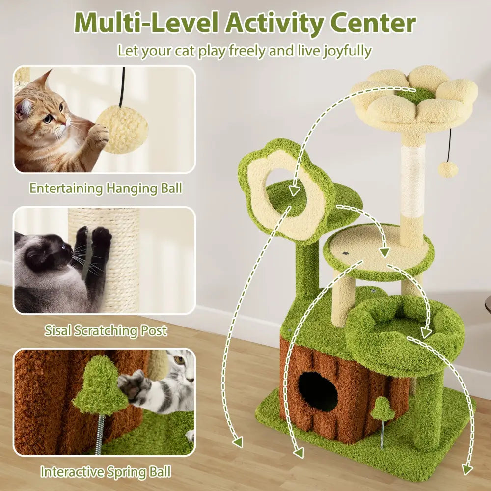 Cute Cat Tree for Adult Cats Multi-level Kitty Tower with Trunk Condo-Green - Green - Cat Trees Condos & Scratchers