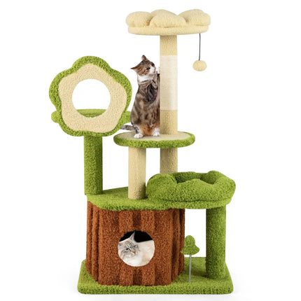 Cute Cat Tree for Adult Cats Multi-level Kitty Tower with Trunk Condo-Green - Green - Cat Trees Condos & Scratchers