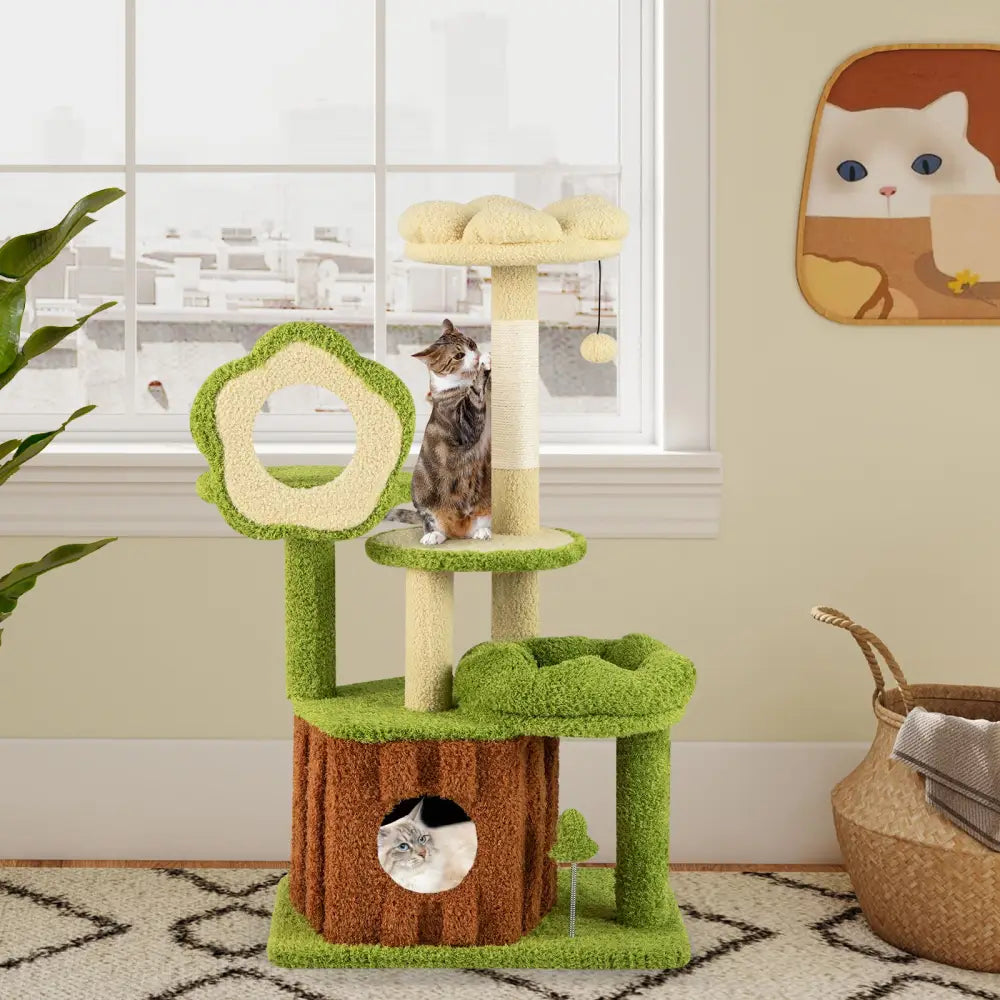 Cute Cat Tree for Adult Cats Multi-level Kitty Tower with Trunk Condo-Green - Green - Cat Trees Condos & Scratchers