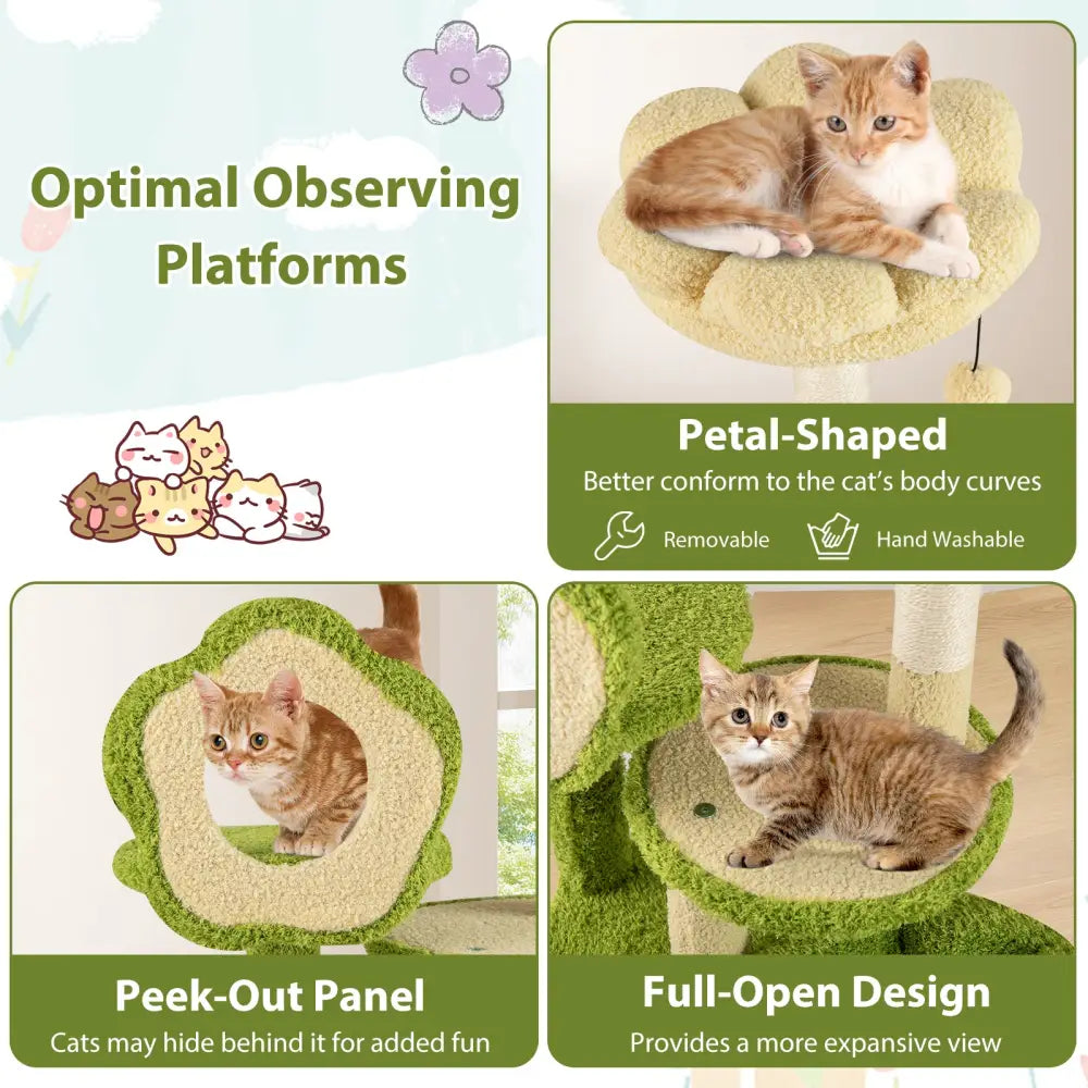 Cute Cat Tree for Adult Cats Multi-level Kitty Tower with Trunk Condo-Green - Green - Cat Trees Condos & Scratchers