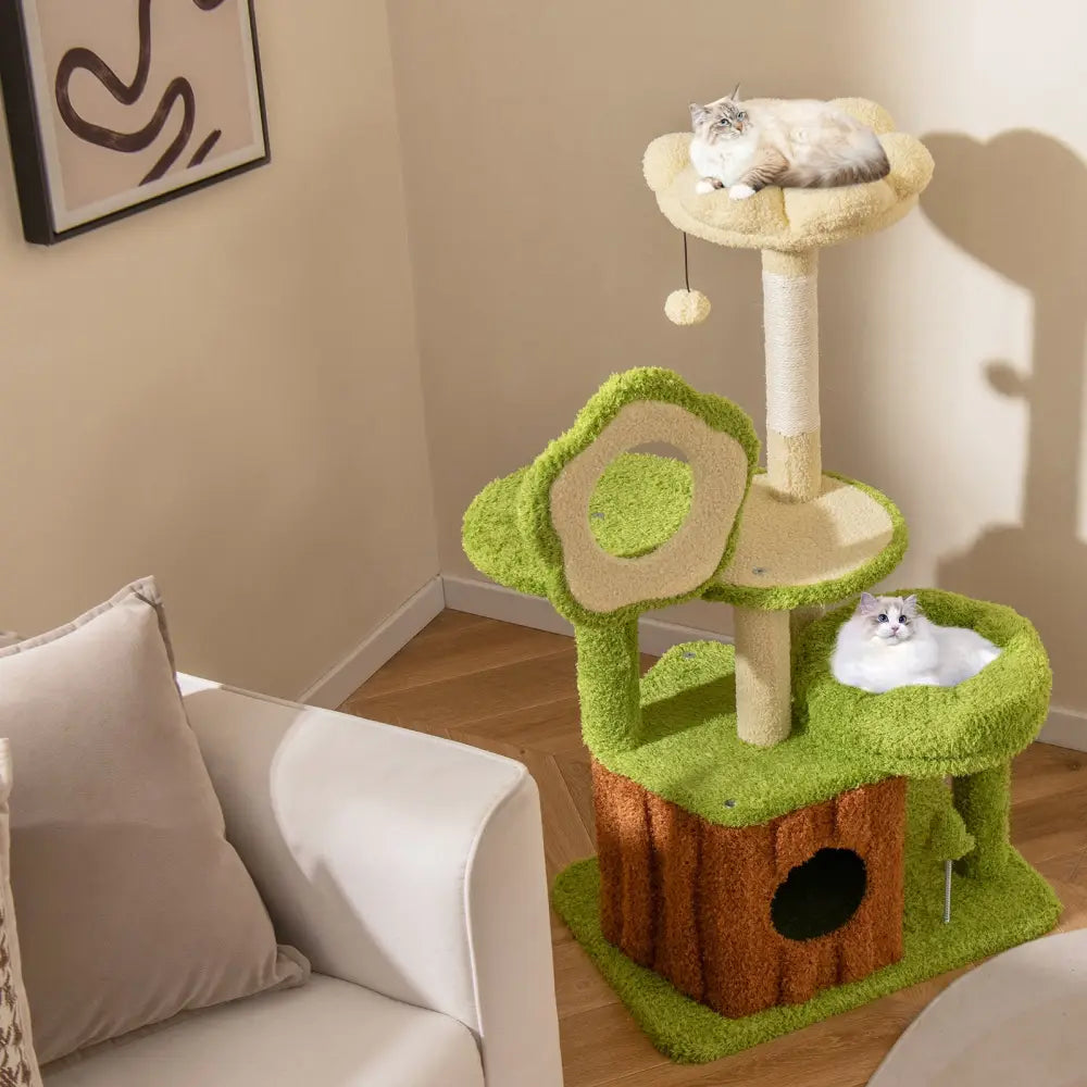 Cute Cat Tree for Adult Cats Multi-level Kitty Tower with Trunk Condo-Green - Green - Cat Trees Condos & Scratchers