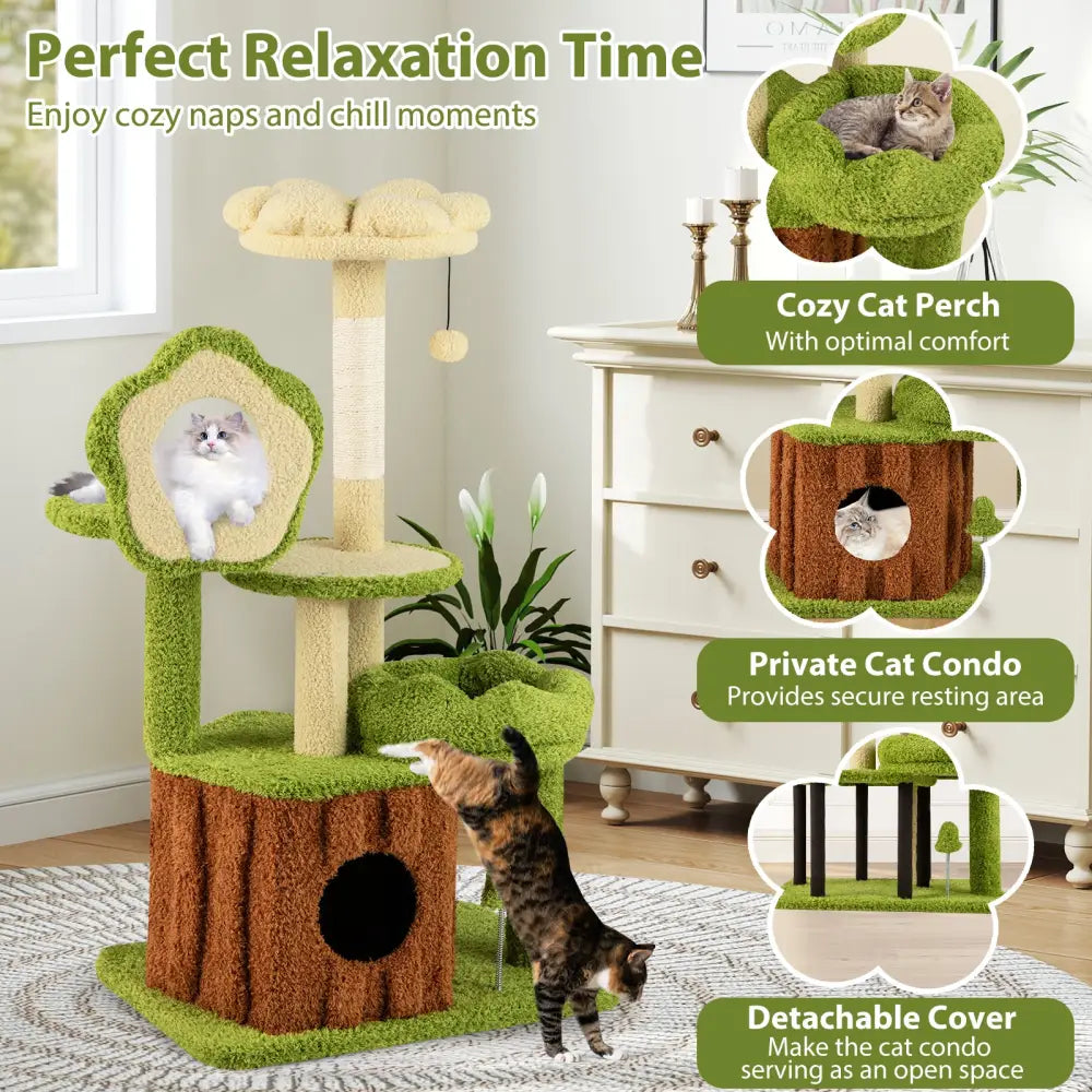 Cute Cat Tree for Adult Cats Multi-level Kitty Tower with Trunk Condo-Green - Green - Cat Trees Condos & Scratchers