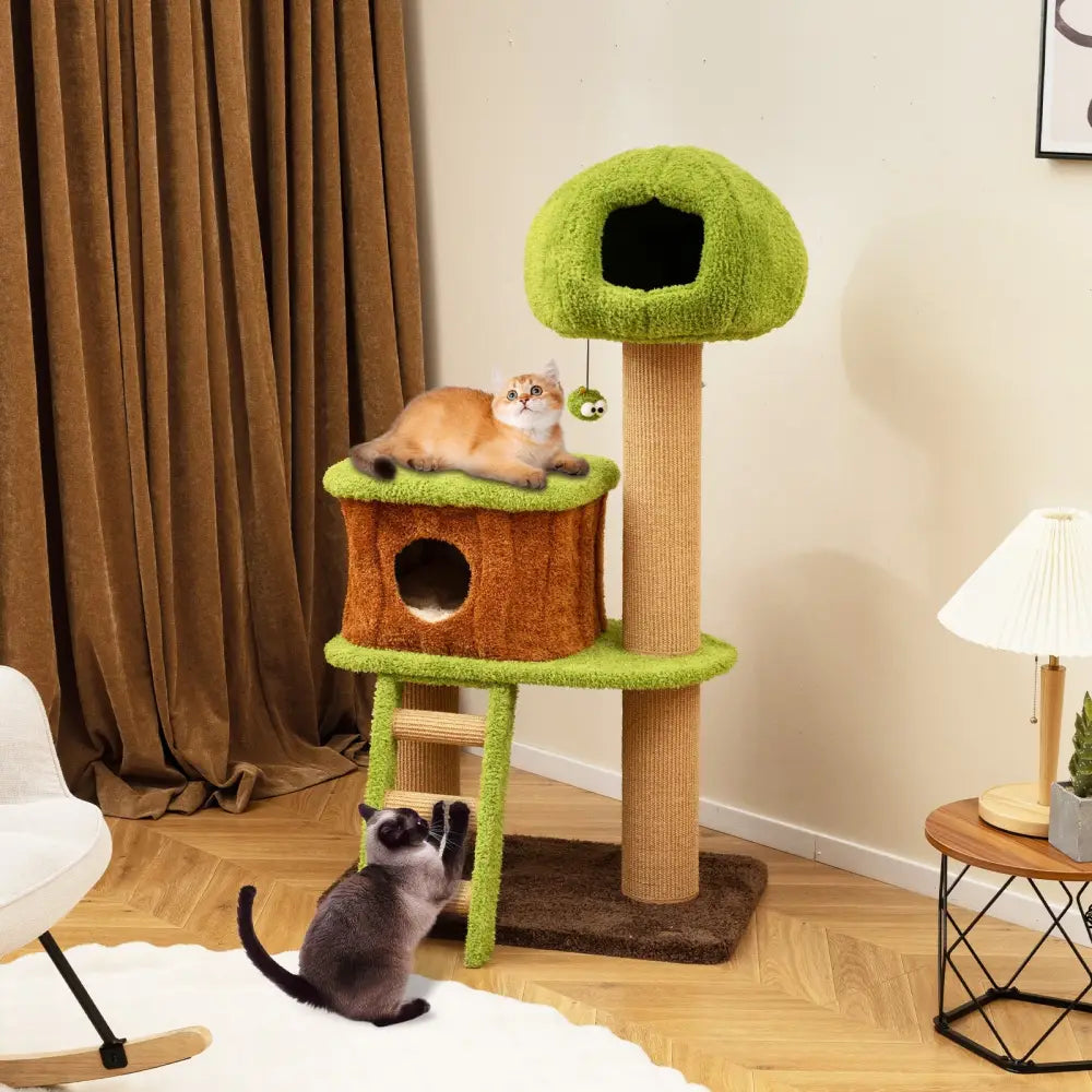 Cute Cat Tree for Indoor Cats with Mushroom-shaped Nest Condo and Climbing Ladder-Green - Green - Cat Trees Condos &