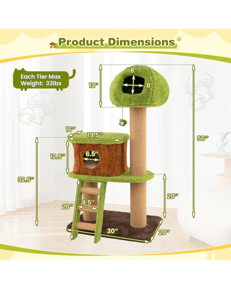 Cute Cat Tree for Indoor Cats with Mushroom-shaped Nest Condo and Climbing Ladder-Green - Green - Cat Trees Condos &