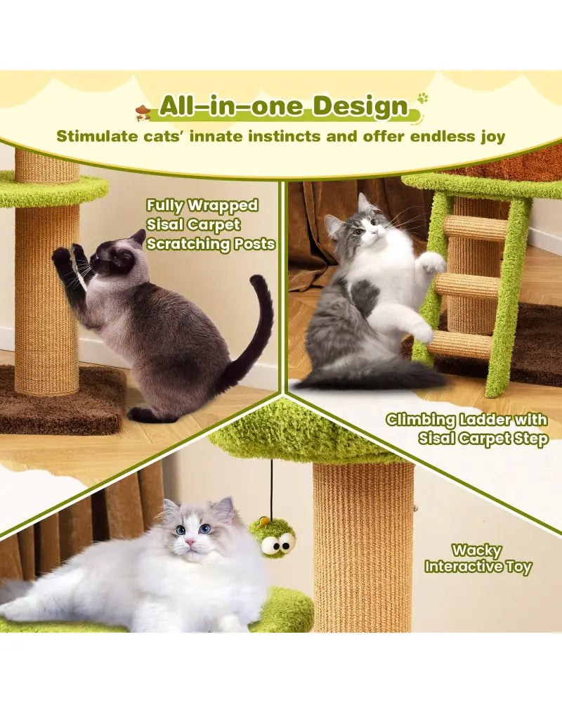 Cute Cat Tree for Indoor Cats with Mushroom-shaped Nest Condo and Climbing Ladder-Green - Green - Cat Trees Condos &
