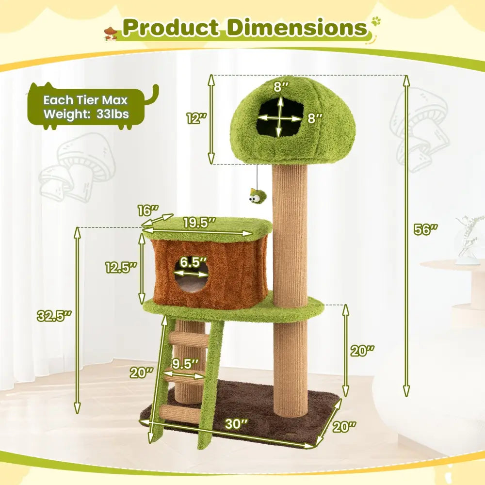 Cute Cat Tree for Indoor Cats with Mushroom-shaped Nest Condo and Climbing Ladder-Green - Green - Cat Trees Condos &