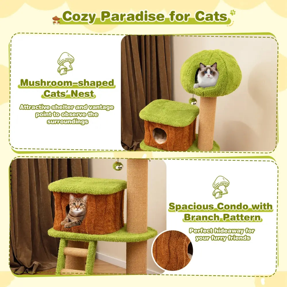 Cute Cat Tree for Indoor Cats with Mushroom-shaped Nest Condo and Climbing Ladder-Green - Green - Cat Trees Condos &