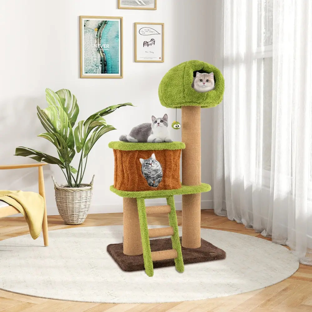 Cute Cat Tree for Indoor Cats with Mushroom-shaped Nest Condo and Climbing Ladder-Green - Green - Cat Trees Condos &