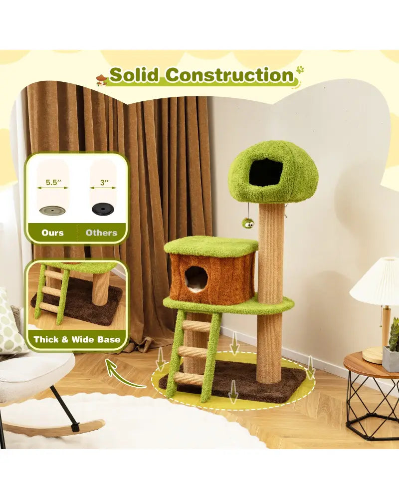 Cute Cat Tree for Indoor Cats with Mushroom-shaped Nest Condo and Climbing Ladder-Green - Green - Cat Trees Condos &