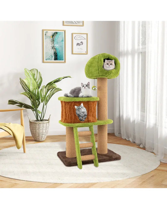 Cute Cat Tree for Indoor Cats with Mushroom-shaped Nest Condo and Climbing Ladder-Green - Green - Cat Trees Condos &