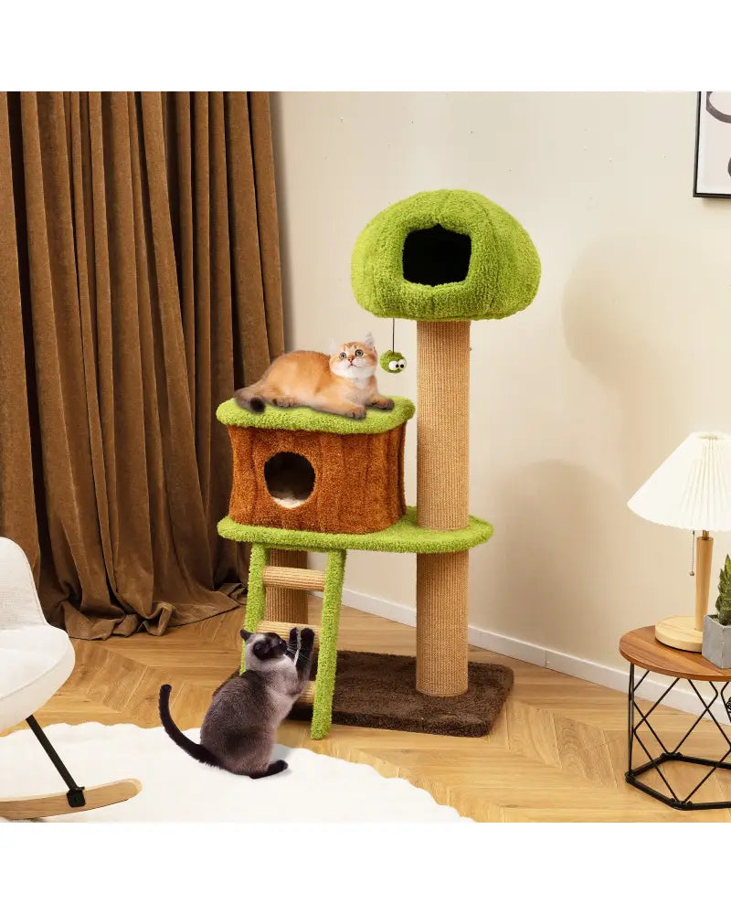 Cute Cat Tree for Indoor Cats with Mushroom-shaped Nest Condo and Climbing Ladder-Green - Green - Cat Trees Condos &