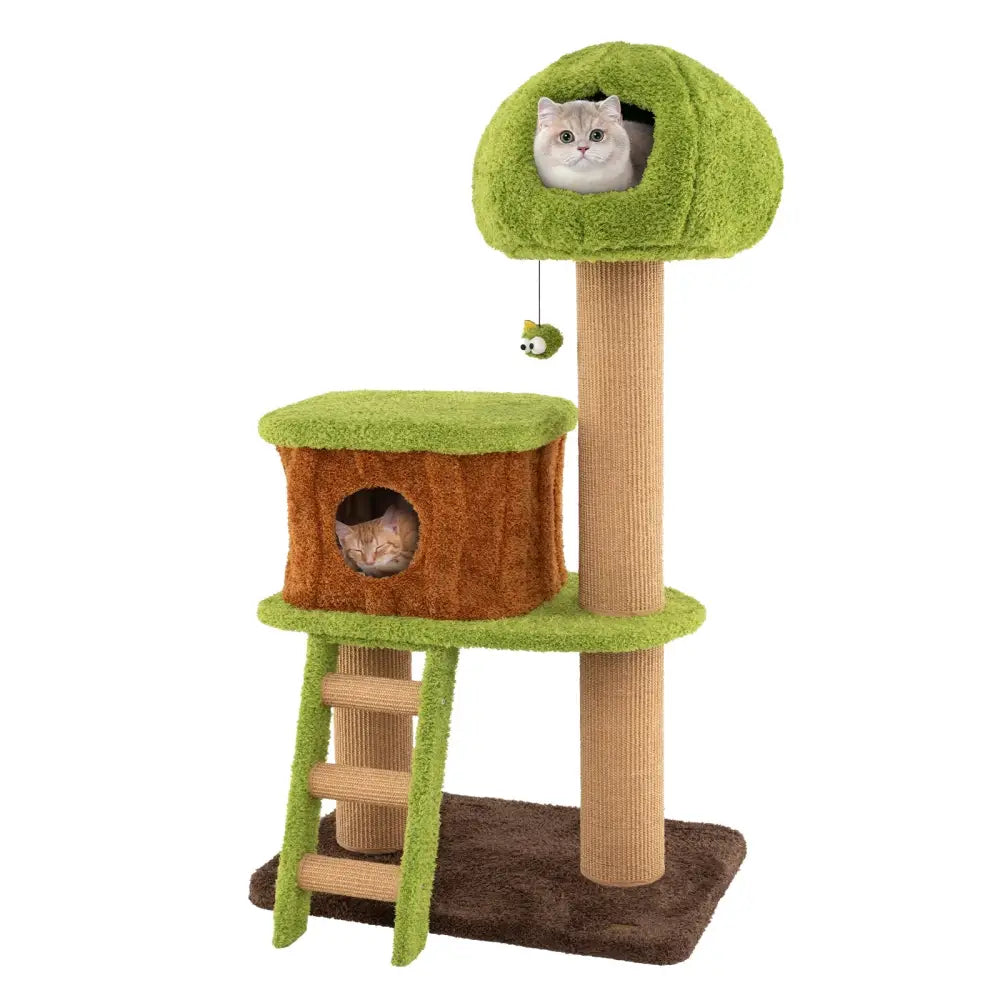 Cute Cat Tree for Indoor Cats with Mushroom-shaped Nest Condo and Climbing Ladder-Green - Green - Cat Trees Condos &