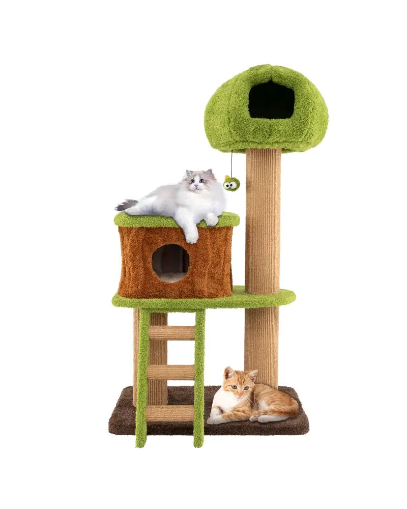 Cute Cat Tree for Indoor Cats with Mushroom-shaped Nest Condo and Climbing Ladder-Green - Green - Cat Trees Condos &