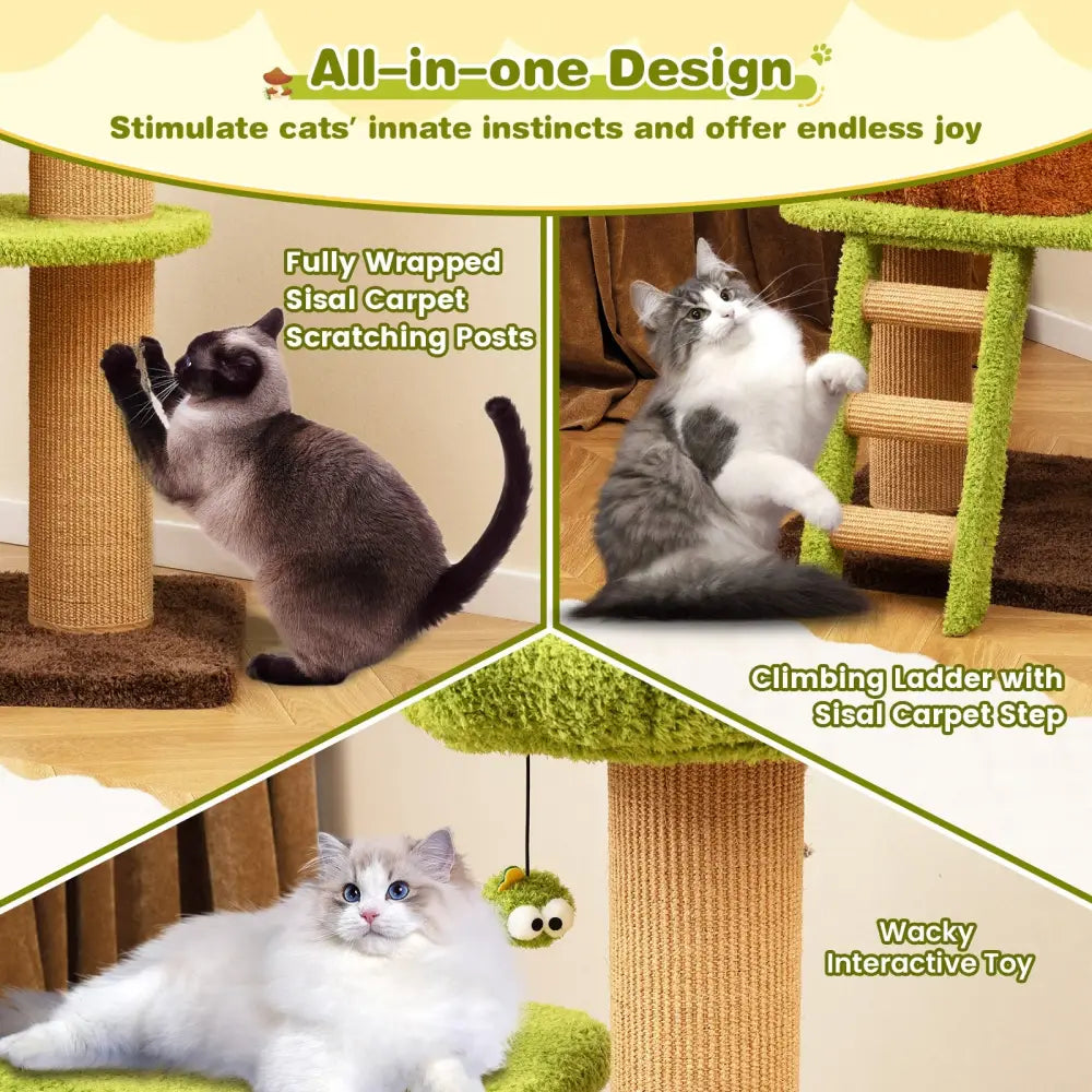 Cute Cat Tree for Indoor Cats with Mushroom-shaped Nest Condo and Climbing Ladder-Green - Green - Cat Trees Condos &