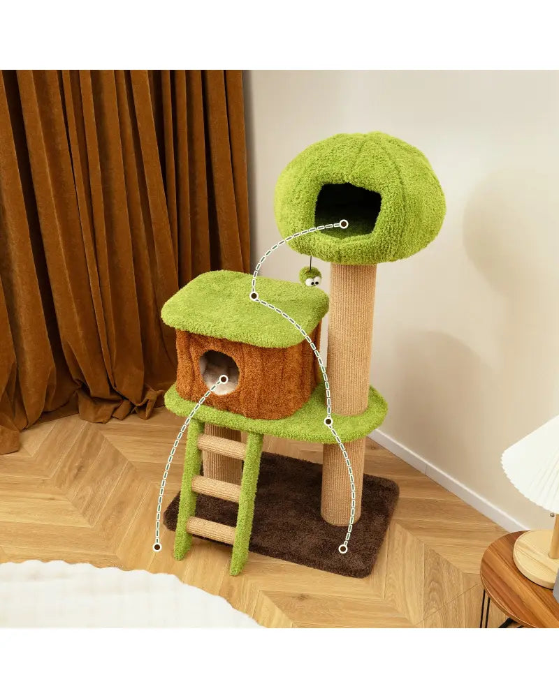 Cute Cat Tree for Indoor Cats with Mushroom-shaped Nest Condo and Climbing Ladder-Green - Green - Cat Trees Condos &