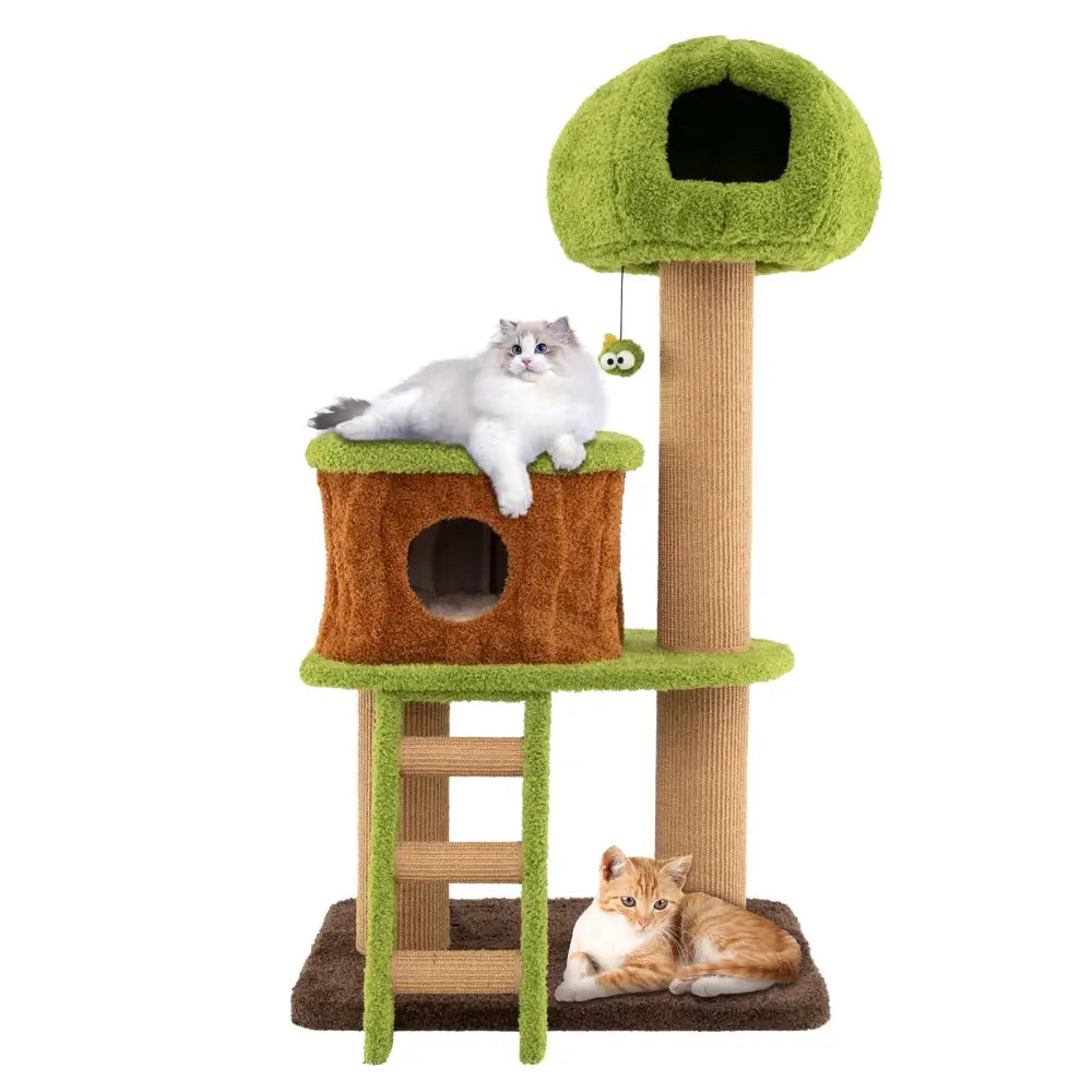 Cute Cat Tree for Indoor Cats with Mushroom-shaped Nest Condo and Climbing Ladder-Green - Green - Cat Trees Condos &