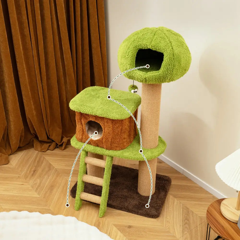 Cute Cat Tree for Indoor Cats with Mushroom-shaped Nest Condo and Climbing Ladder-Green - Green - Cat Trees Condos &