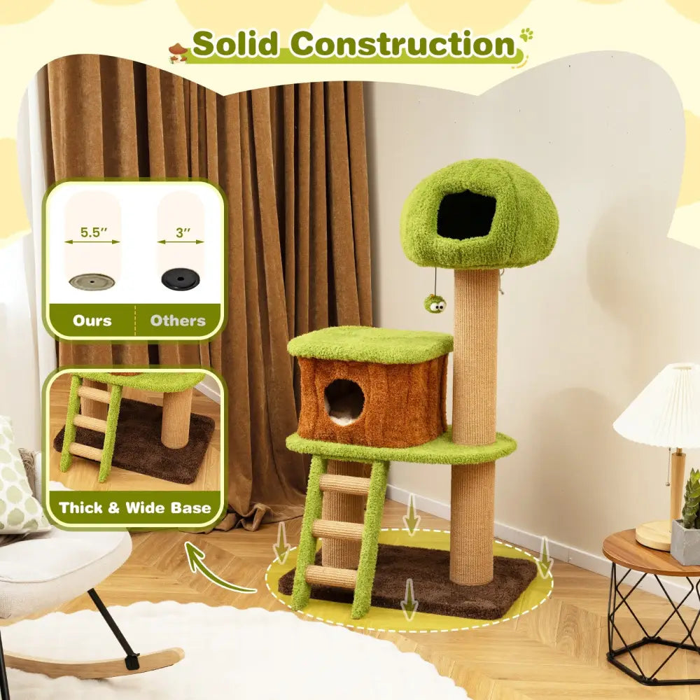 Cute Cat Tree for Indoor Cats with Mushroom-shaped Nest Condo and Climbing Ladder-Green - Green - Cat Trees Condos &