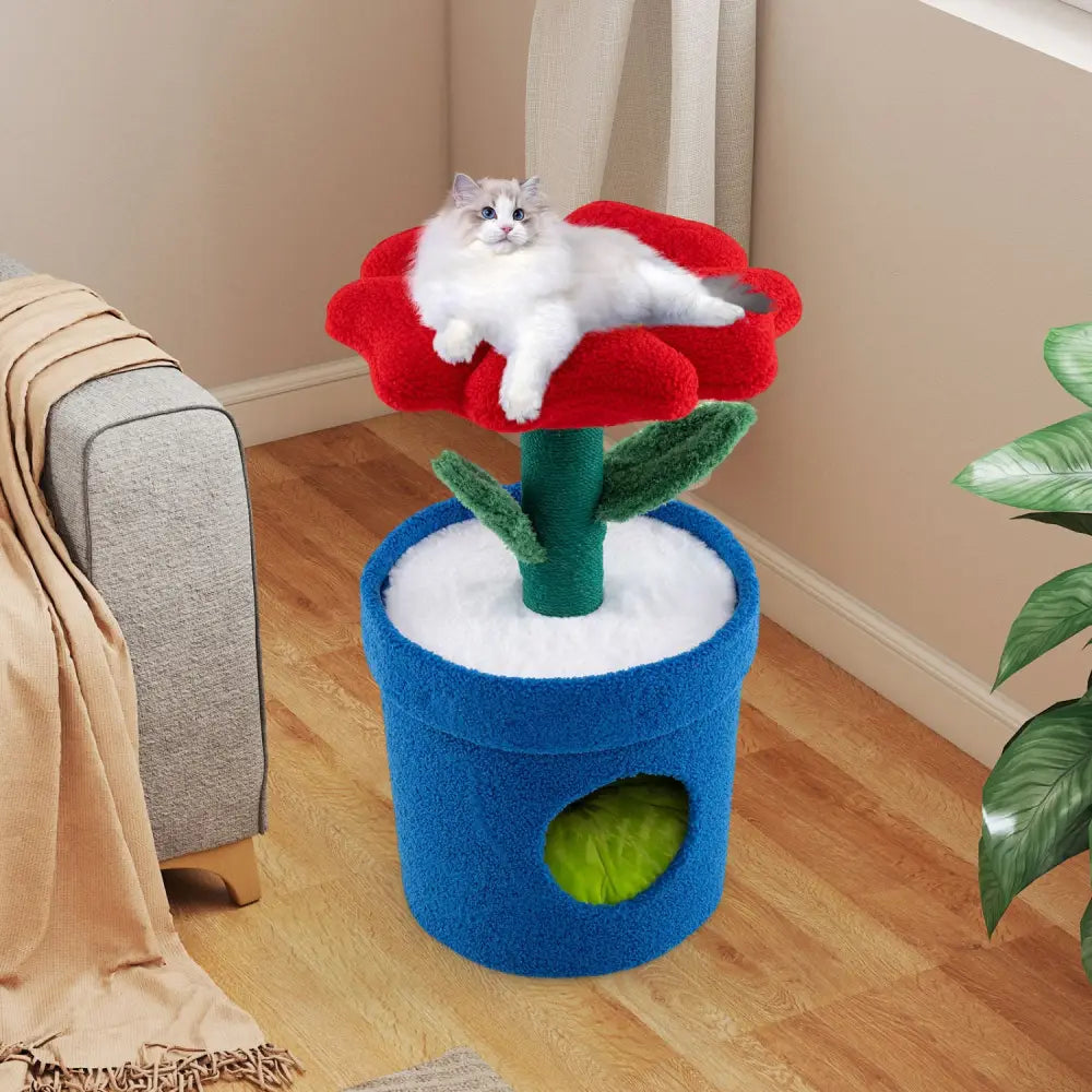 Cute Cat Tree with Flower Padded Perch for Indoor Cats-Red - Red - Cat Trees Condos & Scratchers
